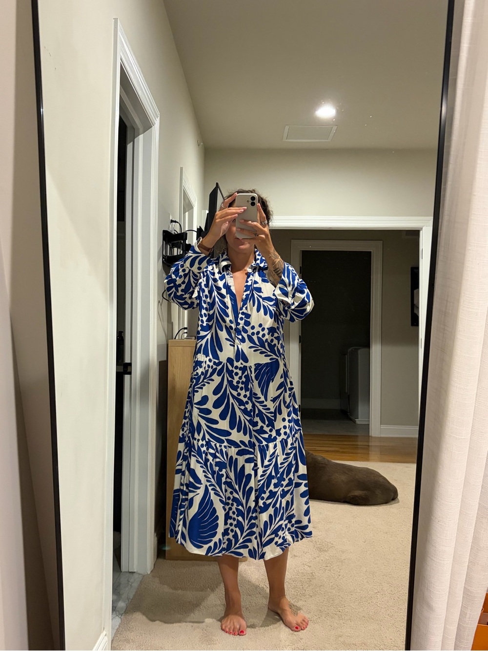 Blue and White Leaf Print Midi Dress